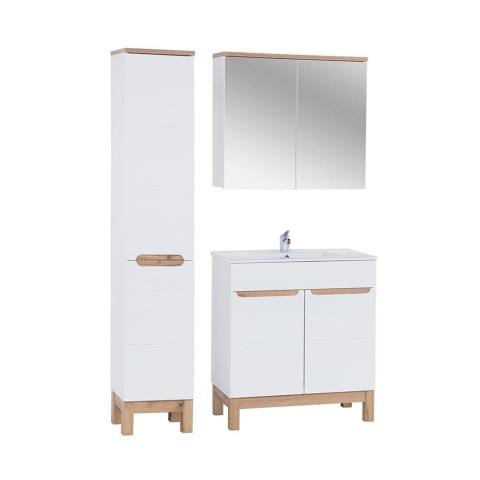 Baño móvil en el suelo con lavabo espejo armario blanco y madera Bali Promoción