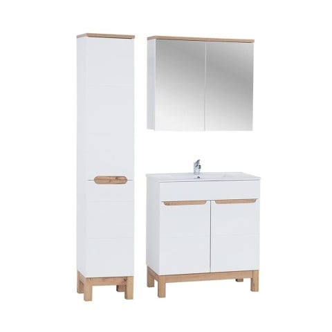 Mueble de baño de suelo con lavabo espejo armario blanco y madera Bali Promoción