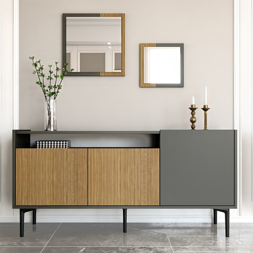Aparador negro moderno para salón 150 cm con puertas de madera y 2 espejos Fleury Promoción
