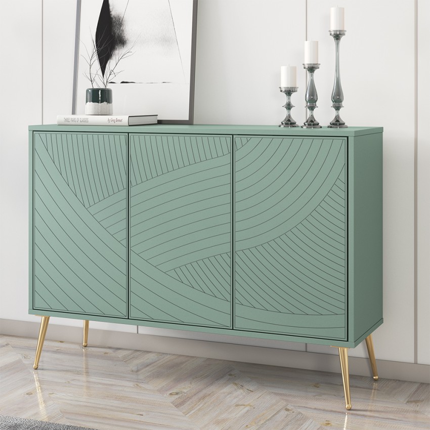 Aparador verde 120 cm para salón y cocina con 3 puertas y patas doradas Luke Promoción Aparador verde 120 cm para salón y cocina con 3 puertas y patas doradas Luke Promoción