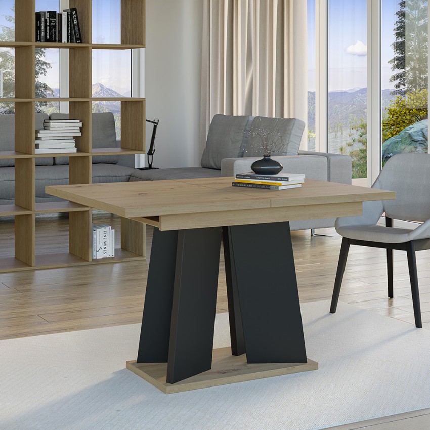  Mesa de cocina moderna extensible 120-160x90 en madera de roble negro Mufo Promoción 