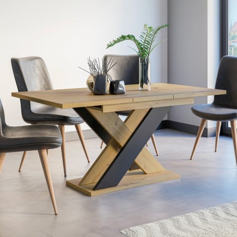 Mesa de comedor extensible moderna 120-160x90cm madera roble negro Xao Promoción