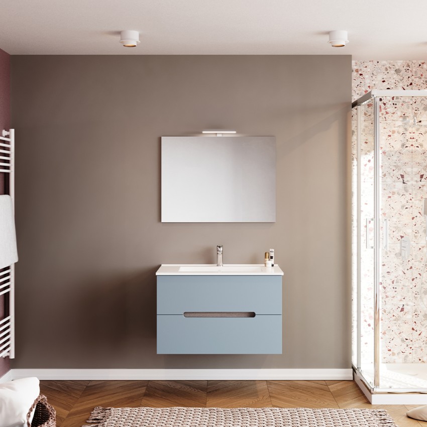 Mueble de baño suspendido con cajones lavabo 80cm espejo luz LED Iris 80 Promoción