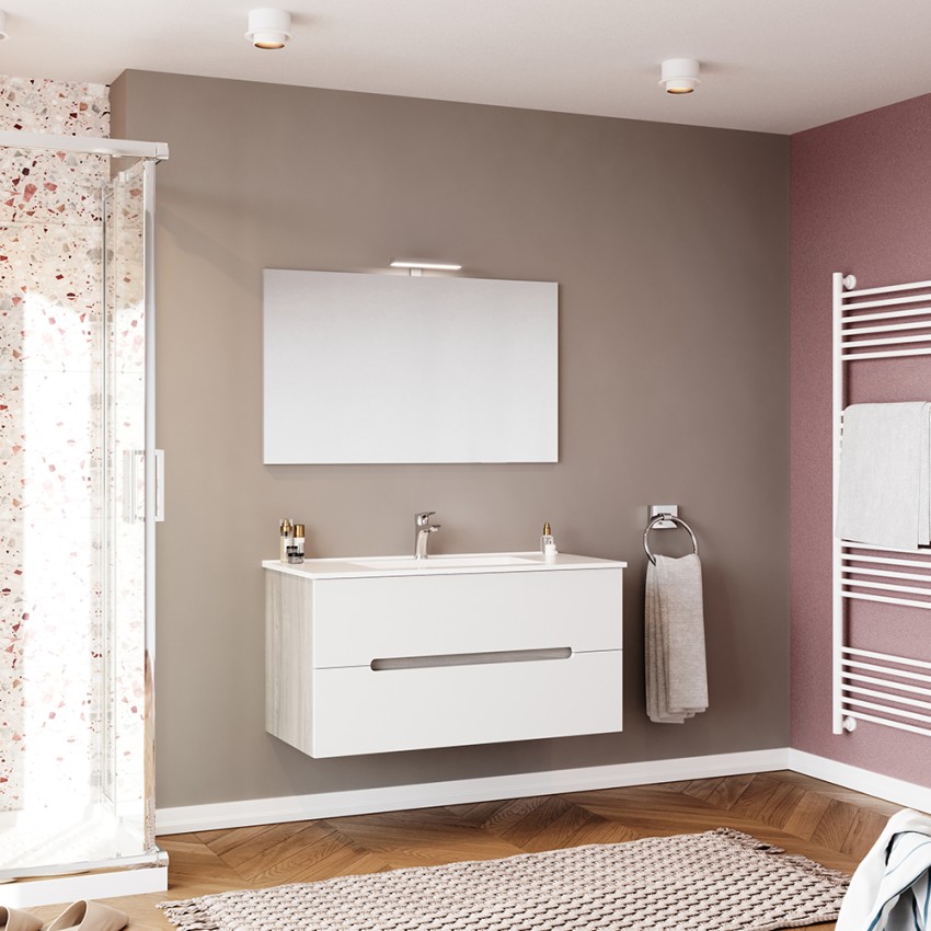 Mueble de baño suspendido blanco gris lavabo 100cm espejo luz Iris 100 Promoción