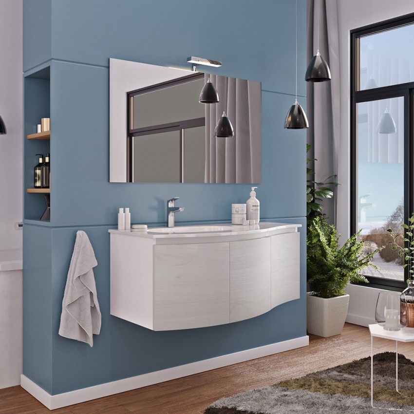 Mueble de baño suspendido blanco 100cm 3 puertas lavabo espejo luz Onda 100 Promoción