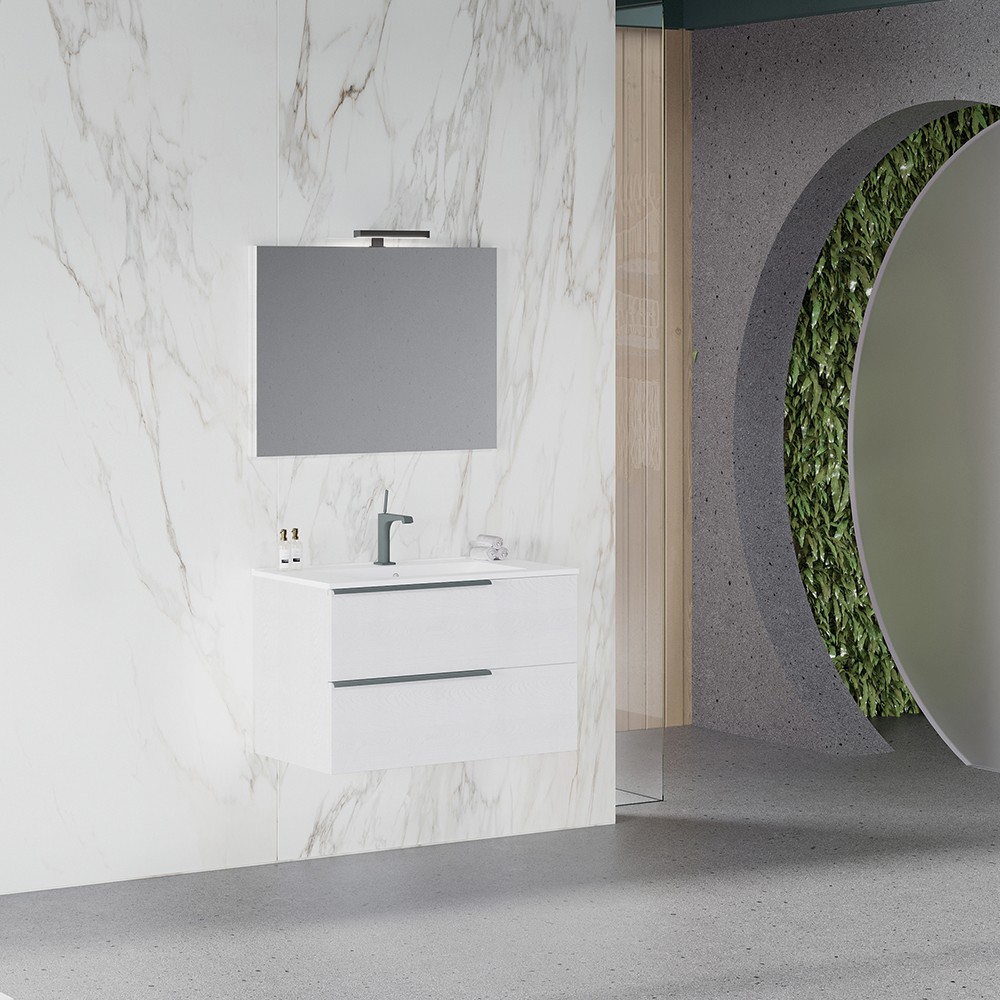 Mueble de baño suspendido blanco 80 cm con lavabo y espejo led Oikos 80