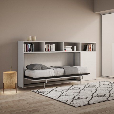 Cama abatible con colchón individual, armario y estantes blancos Kando A Promoción