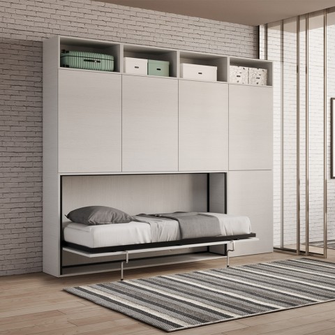 Cama individual abatible horizontal con colchón, armario y librería Kando B Promoción