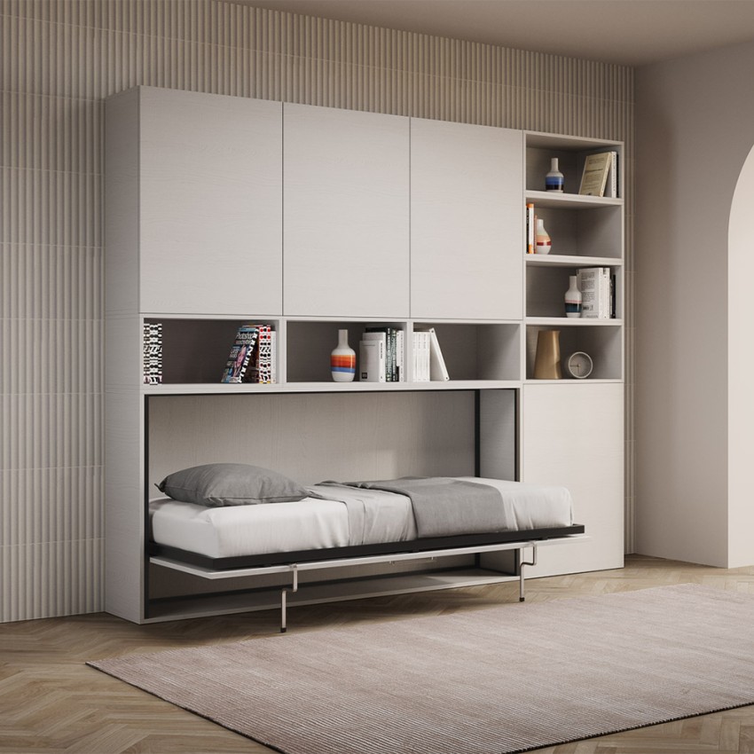 Cama plegable blanca con colchón individual horizontal ahorradora de espacio Kando E Promoción Cama plegable blanca con colchón individual horizontal ahorradora de espacio Kando E Promoción