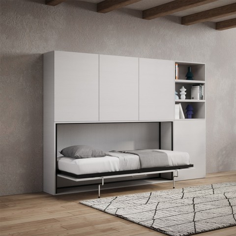 Cama individual plegable horizontal con librería blanca Kando F Promoción