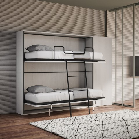 Cama litera doble abatible blanca moderna con armario Kando H Promoción