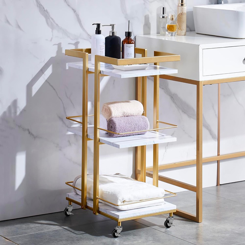 Carrito para esteticista peluquero con 4 ruedas de metal dorado efecto mármol Mawi