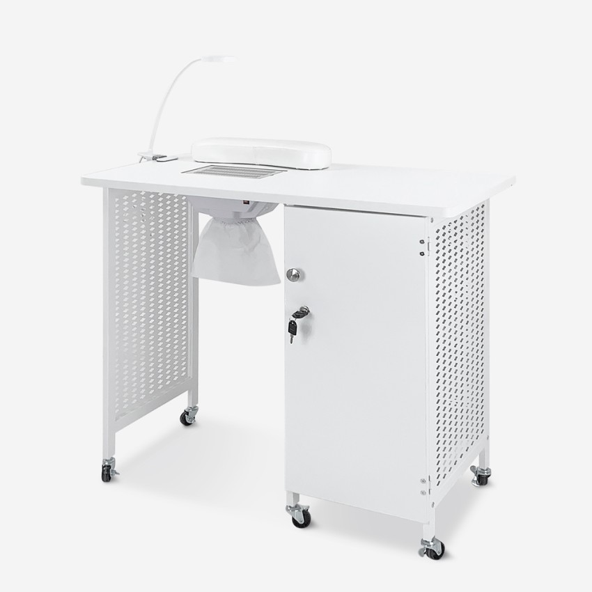Mesa para manicura con aspirador, ruedas, lámpara blanco y negro Klea Promoción
