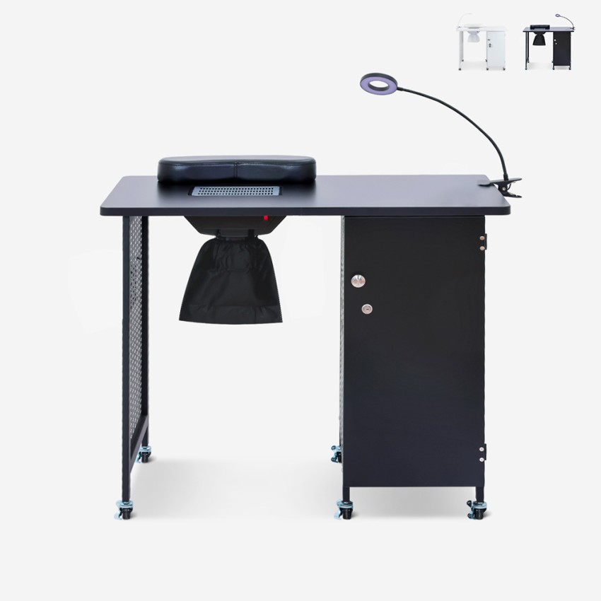 Mesa para manicura con extractor, ruedas, lámpara en blanco y negro Klea Venta Mesa para manicura con extractor, ruedas, lámpara en blanco y negro Klea Venta