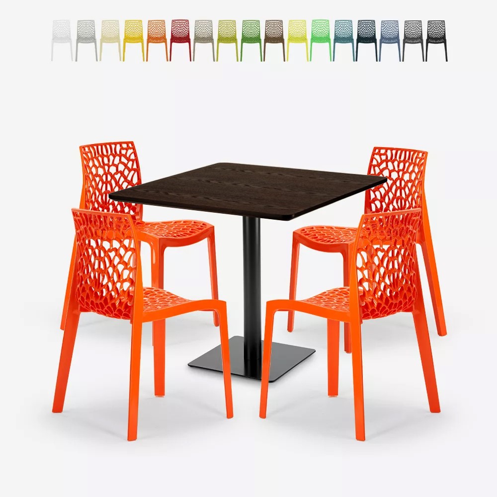 Conjunto mesa de centro madera metal Horeca 90x90cm 4 sillas diseño apilable Dustin