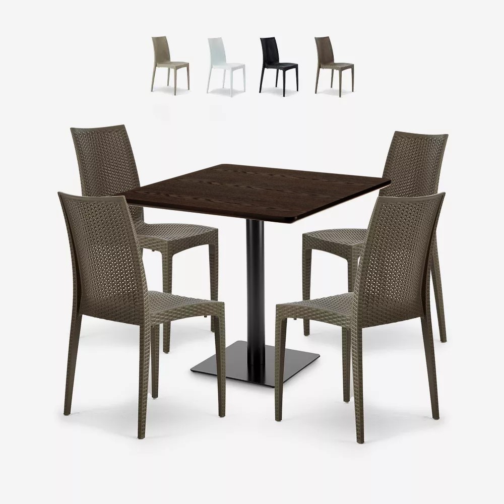 Conjunto mesa madera 90x90cm Horeca 4 sillas apilables poli ratán Barrett