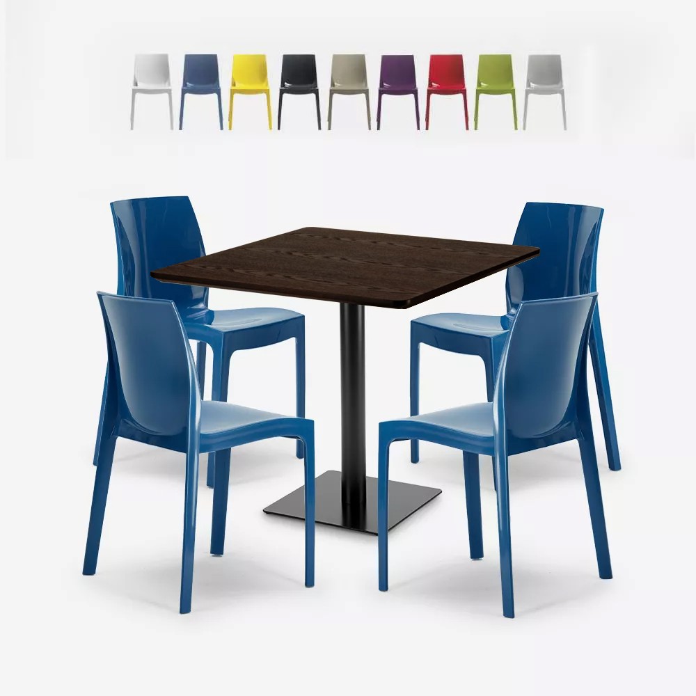 Conjunto mesa madera metal Horeca 90x90cm 4 sillas apilables bar restaurante Yanez