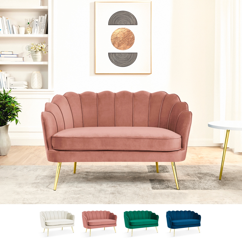 Sofá de 2 plazas de terciopelo con forma de concha estilo vintage con patas doradas Balos Medidas
