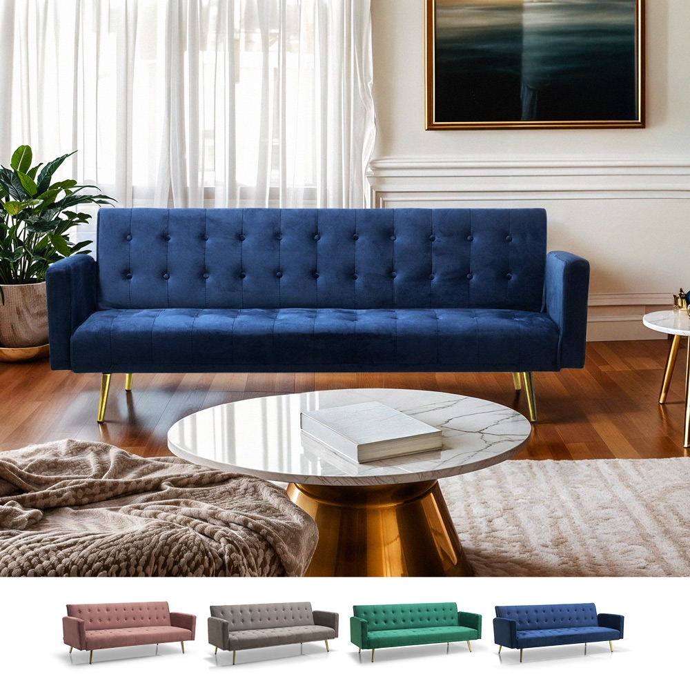Sofá cama clic clac moderno de 3 plazas de terciopelo con patas doradas Caullae Promoción