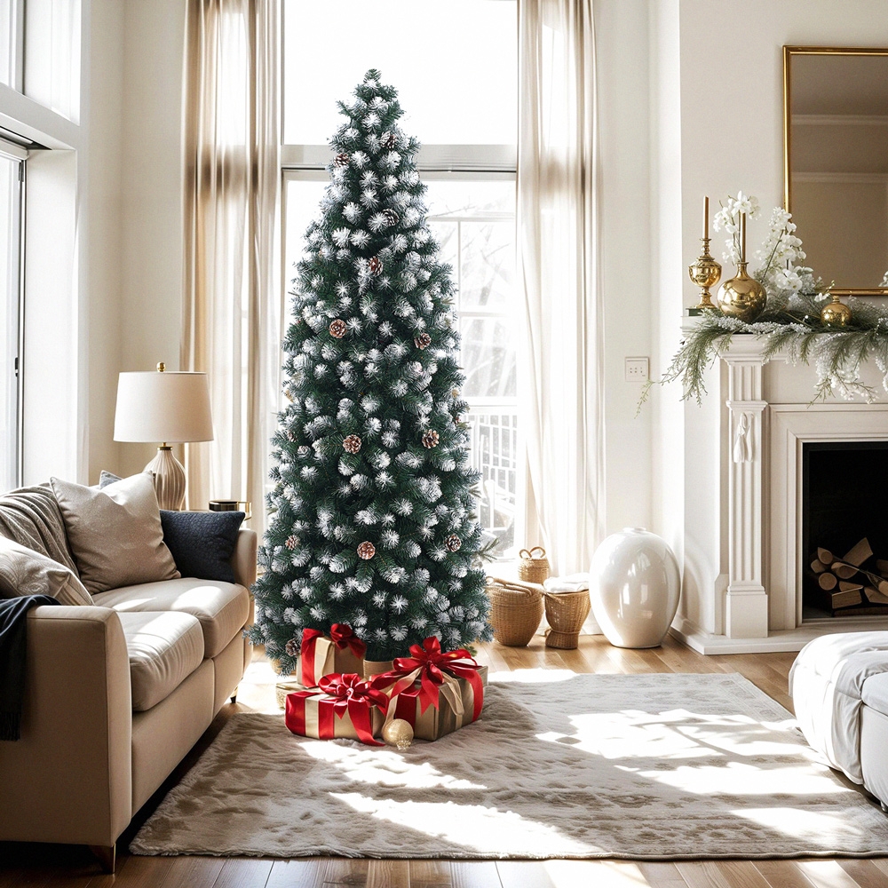 Árbol de Navidad 180 cm verde nevado decorado con piñas Poyakonda Promoción