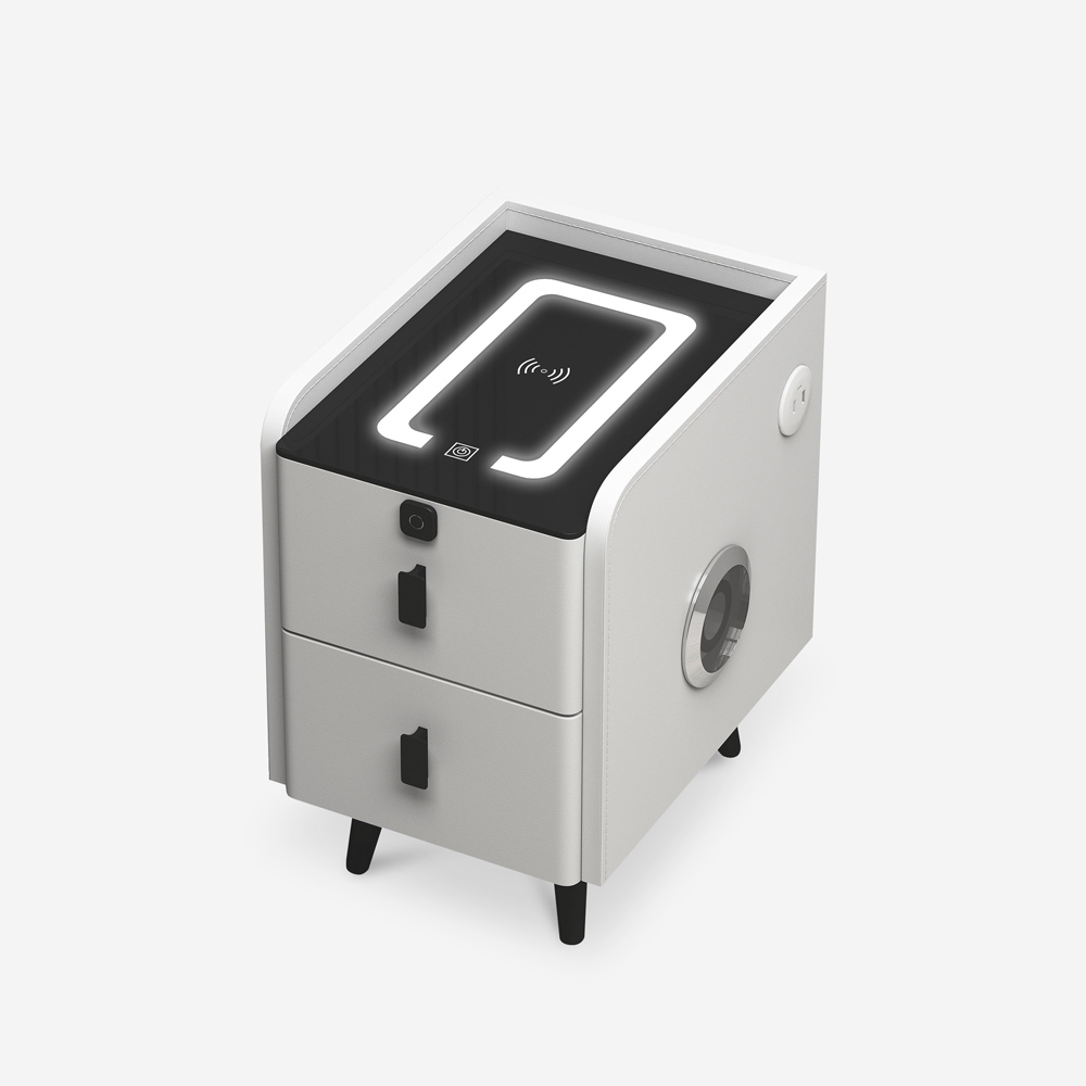 Mesita de noche blanca para dormitorio con luz led y carga inalámbrica Tainy