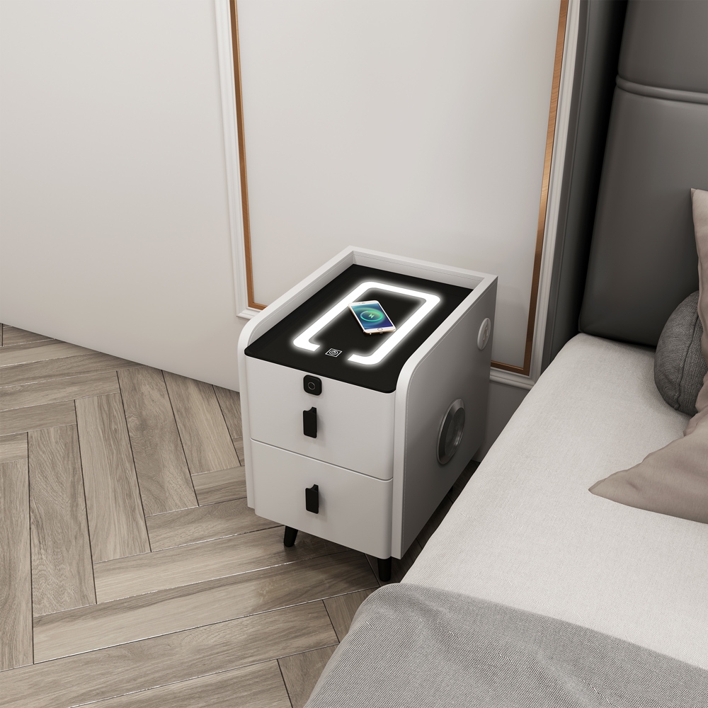 Mesita de noche blanca para dormitorio con luz led y carga inalámbrica Tainy Promoción
