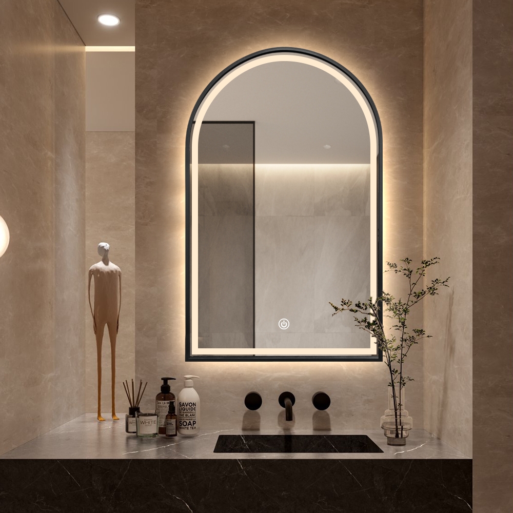 Espejo de baño retroiluminado antivaho con marco negro Flaska Promoción