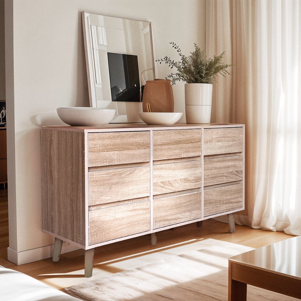 Aparador de madera para salón con 9 cajones 120x40x72cm Vudan