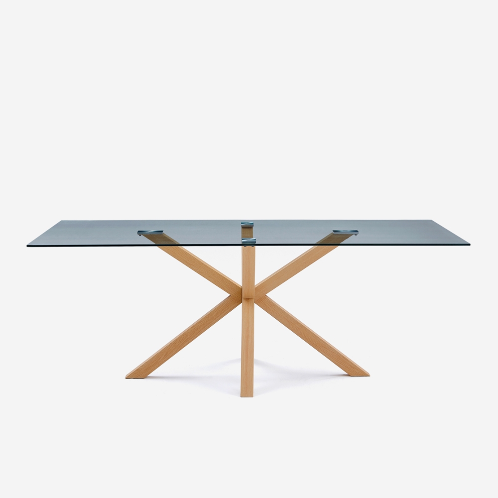 Mesa de diseño de cristal y madera 200x100cm con patas cruzadas Horo Promoción