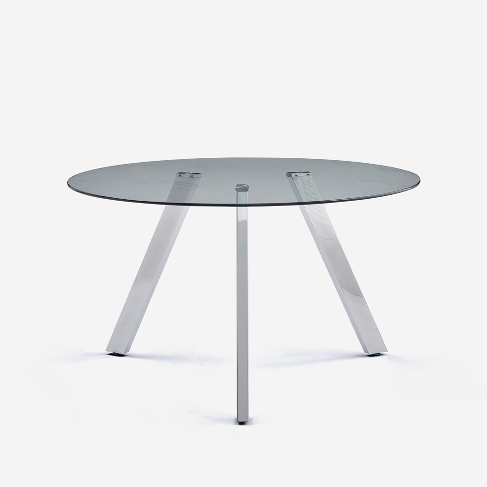 Mesa redonda de diseño moderno de cristal de 130 cm con patas de metal Orun Promoción Mesa redonda de diseño moderno de cristal de 130 cm con patas de metal Orun Promoción