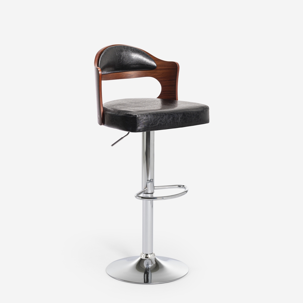 Taburete alto para cocina y bar giratorio de madera y polipiel negra Soru