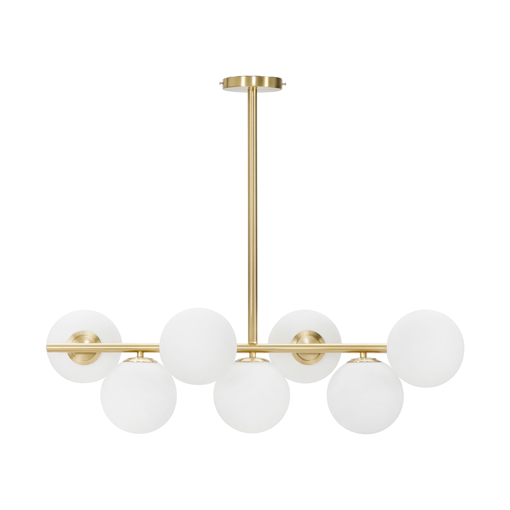 Lámpara de techo moderna de diseño en metal dorado y esferas de vidrio blancas Glamy 7 Promoción Lámpara de techo moderna de diseño en metal dorado y esferas de vidrio blancas Glamy 7 Promoción