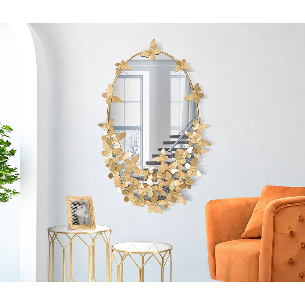 Espejo ovalado de pared dorado con mariposas decorativas Butterfly Wind Promoción