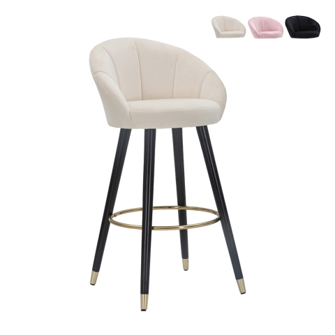 Taburete de bar para cocina en terciopelo con patas de madera negras y doradas h80cm Prague Promoción