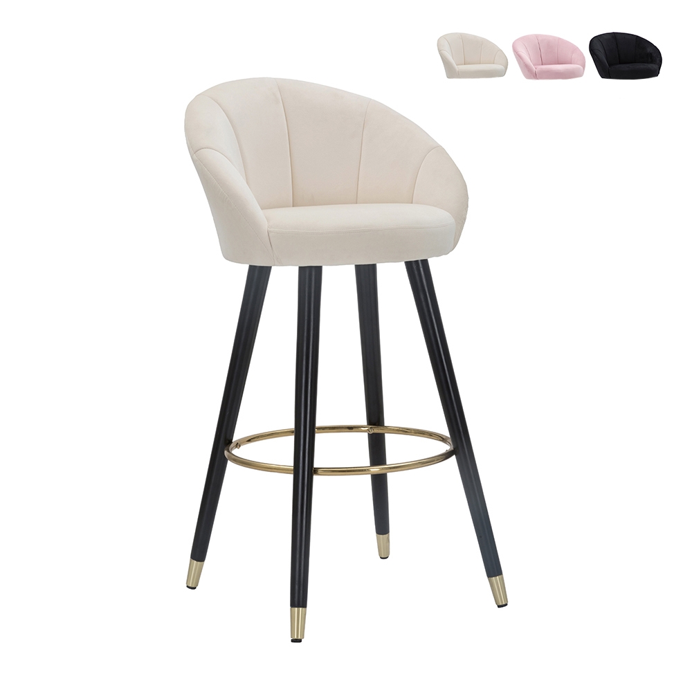 Taburete de bar para cocina en terciopelo con patas de madera negras y doradas h80cm Prague