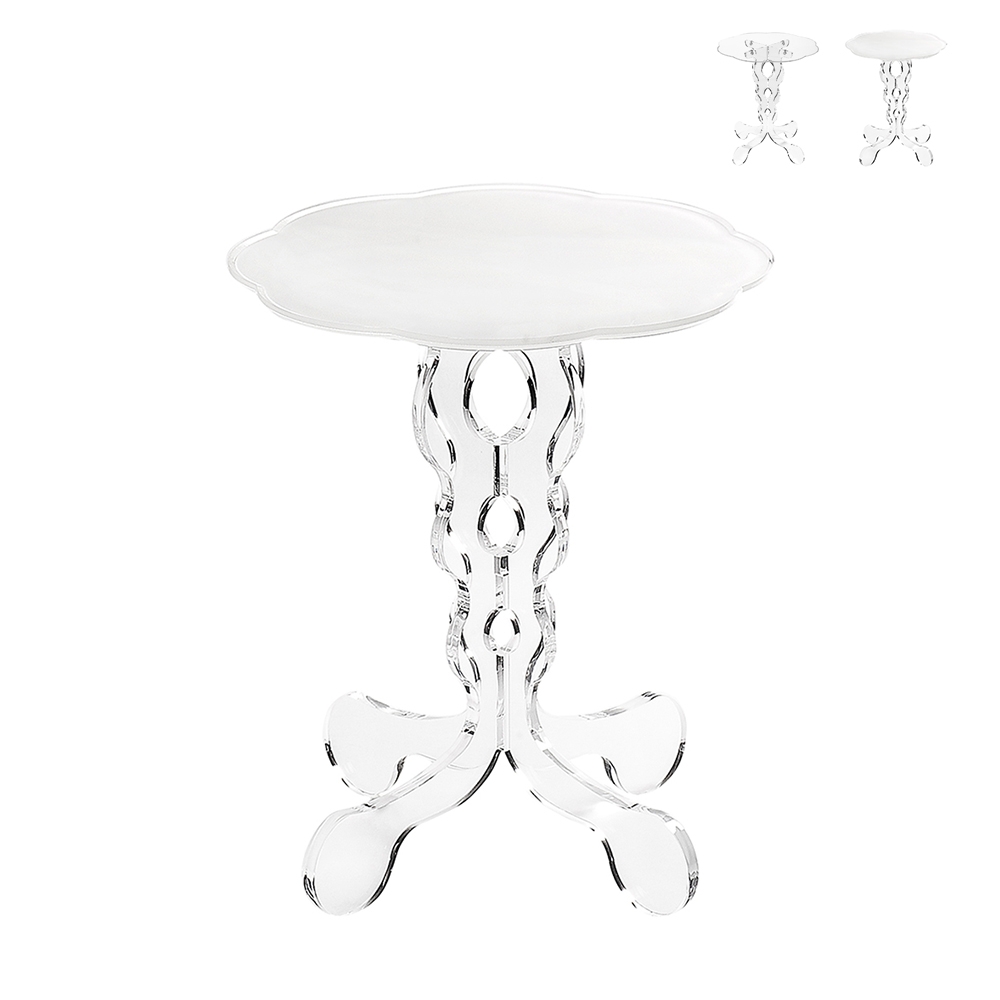 Mesa alta redonda de 36cm para sala de estar en plexiglás transparente Arabesco Small Promoción Mesa alta redonda de 36cm para sala de estar en plexiglás transparente Arabesco Small Promoción