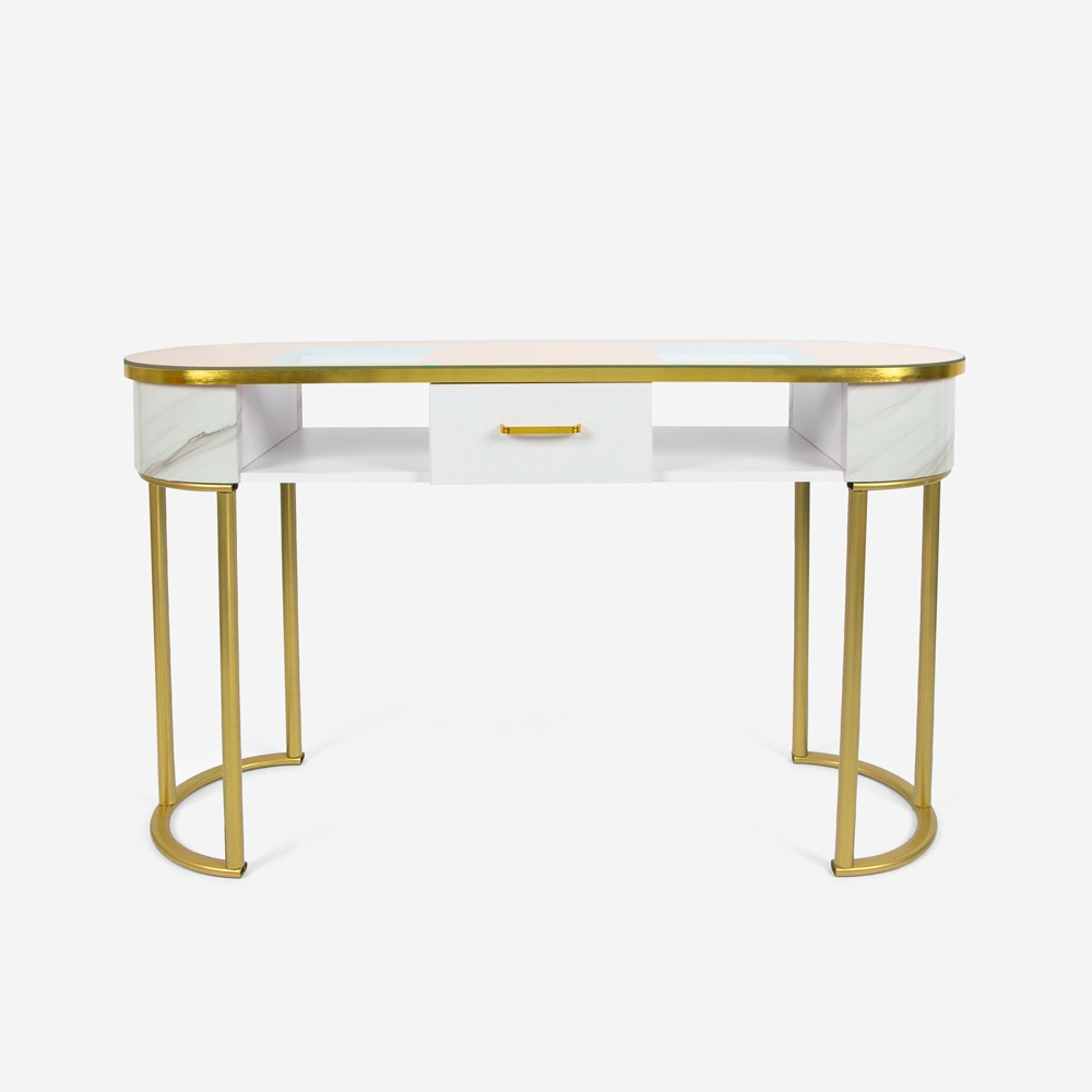 Consola mesa de esteticista, de cristal y metal dorado efecto mármol Jess