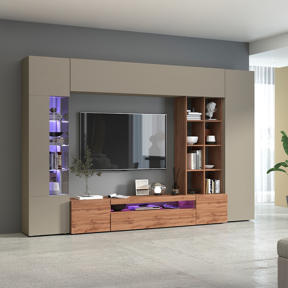 Mueble modular para sala de estar moderna con vitrina y librería Egypt WT Promoción Mueble modular para sala de estar moderna con vitrina y librería Egypt WT Promoción