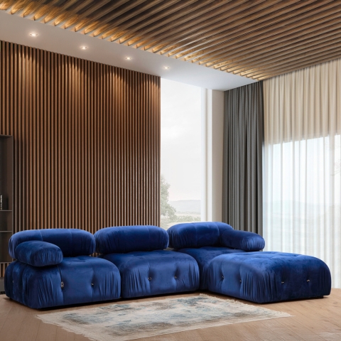 Sofá modular componible 4 plazas azul con reposapiés de terciopelo Bubble 3SPV Promoción