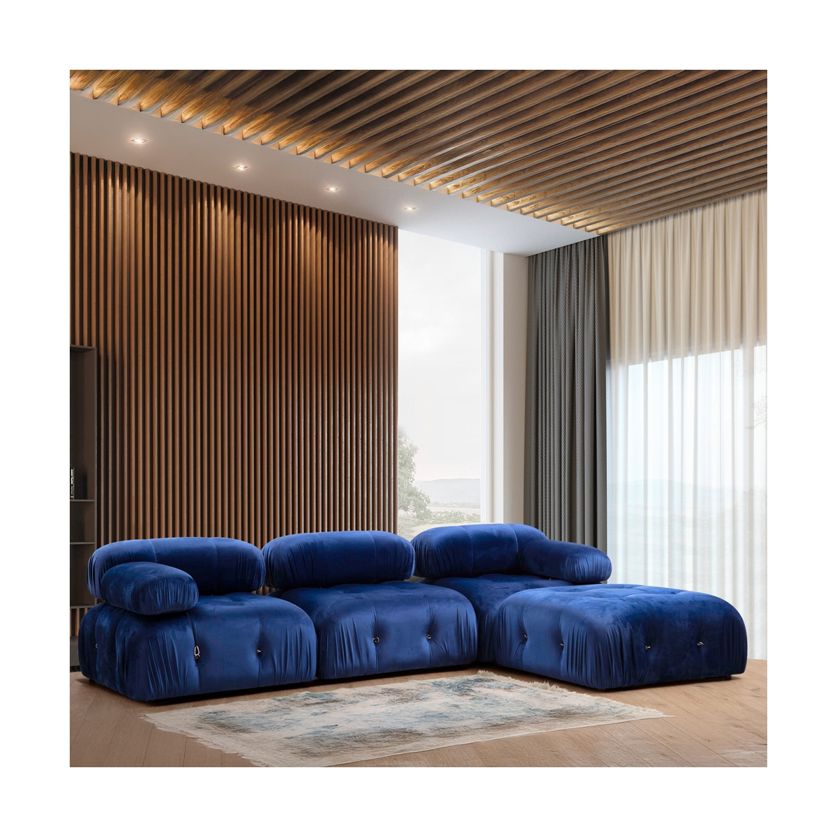 Sofá modular componible 4 plazas azul con reposapiés de terciopelo Bubble 3SPV Promoción Sofá modular componible 4 plazas azul con reposapiés de terciopelo Bubble 3SPV Promoción