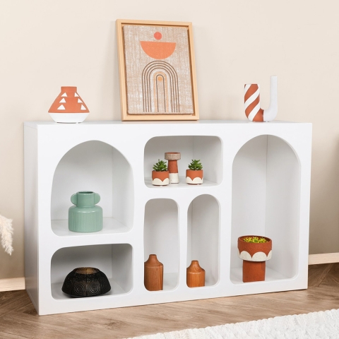 Consola de entrada moderna blanca con compartimentos curvados 120x37cm Liva Promoción