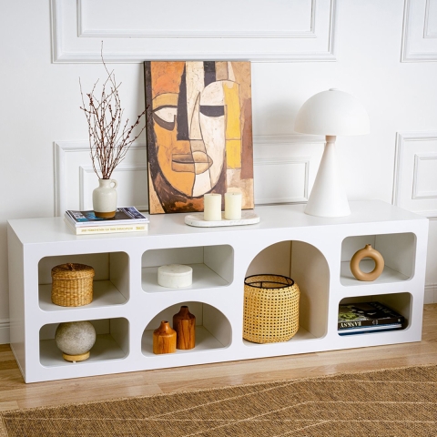 Mueble bajo para TV de diseño 160x40 cm con 7 compartimentos blanco Lorin Promoción