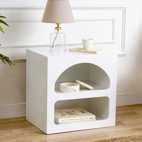 Mesita de noche de diseño blanco para dormitorio 50x40cm con 2 compartimentos Lorin S Promoción