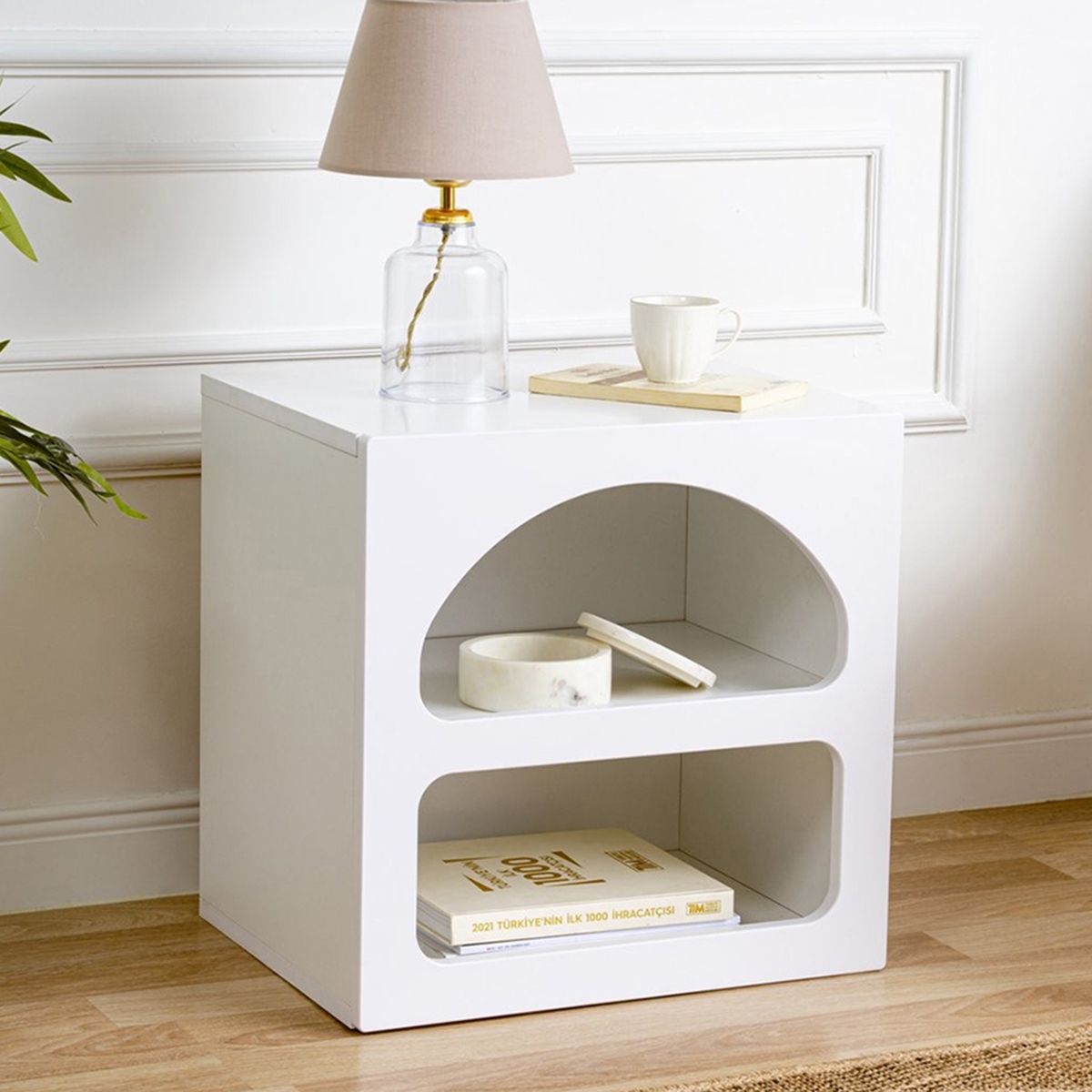 Mesita de noche de diseño blanco para dormitorio 50x40cm con 2 compartimentos Lorin S Promoción Mesita de noche de diseño blanco para dormitorio 50x40cm con 2 compartimentos Lorin S Promoción