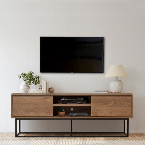 Mueble de TV industrial moderno 140x40x50cm en madera y metal Rodez Promoción