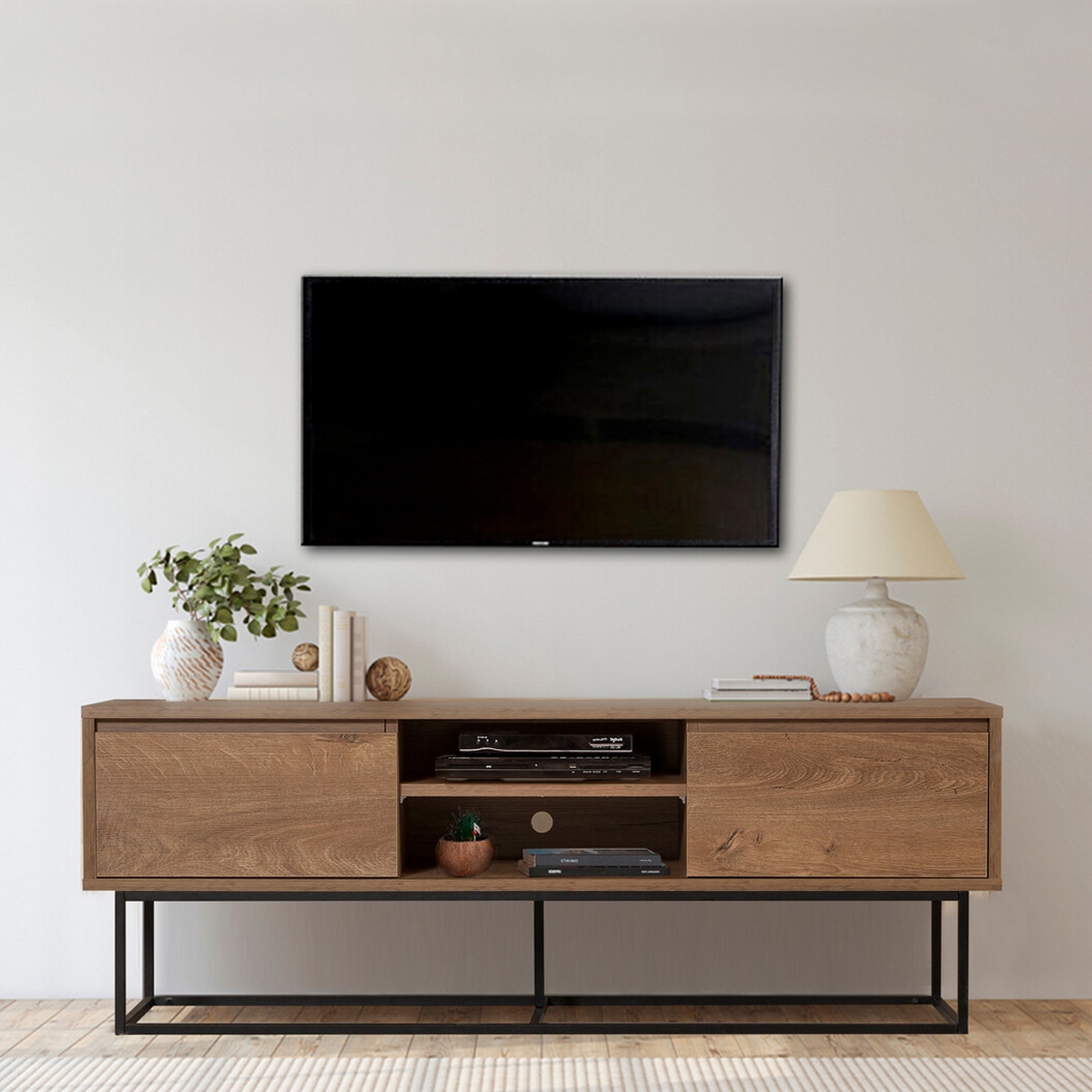 Mueble de TV industrial moderno 140x40x50cm en madera y metal Rodez Promoción