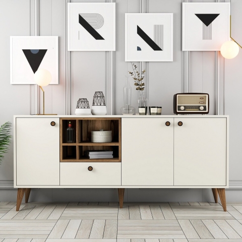 Aparador de salón 180x35 cm blanco y madera con puertas Napoli Promoción