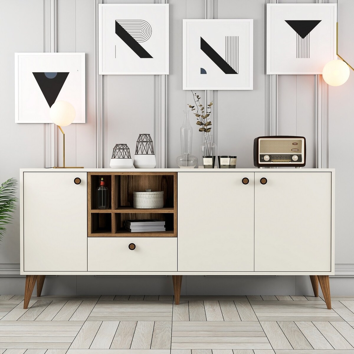 Aparador de salón 180x35 cm blanco y madera con puertas Napoli Promoción Aparador de salón 180x35 cm blanco y madera con puertas Napoli Promoción