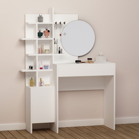 Tocador de maquillaje blanco con espejo redondo y estantes Mup Promoción