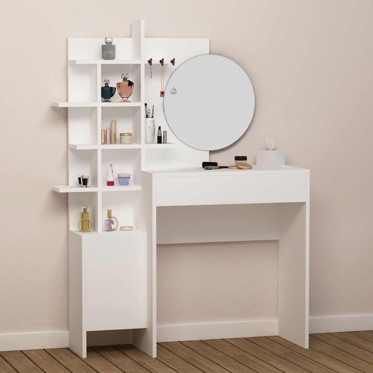 Tocador de maquillaje blanco con espejo redondo y estantes Mup Promoción